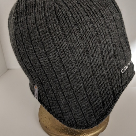 Carhartt Beanie Winter Cap Ear Flaps Hat Gray Knit - Picture 7 of 8